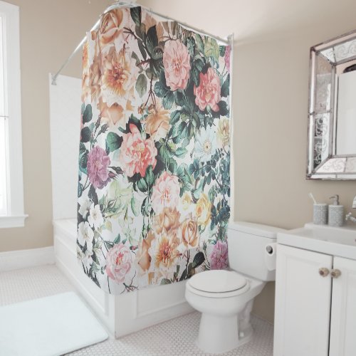 Vintage green pink yellow watercolor roses floral shower curtain