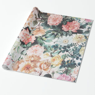 Vintage green pink yellow watercolor roses floral. wrapping paper