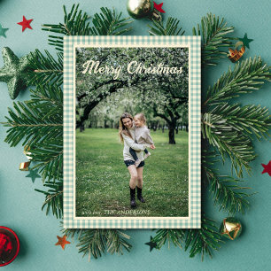 Vintage Green Plaid Gingham Rustic Photo Christmas Holiday Card