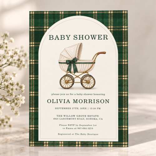 Vintage Green Plaid Tartan Stroller Baby Shower Invitation
