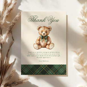 Vintage Green Plaid Teddy Bear Baby Shower Thank You Card