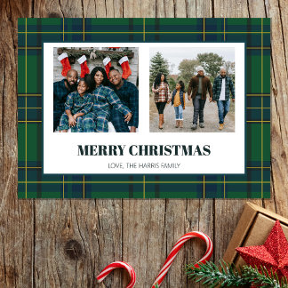 Vintage Green Plaid Two Photo Christmas Card