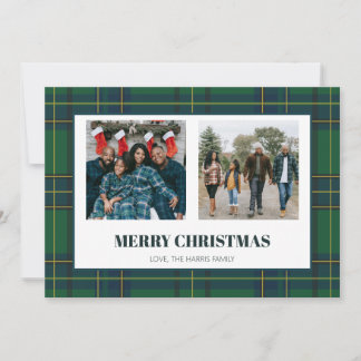 Vintage Green Plaid Two Photo Christmas Card