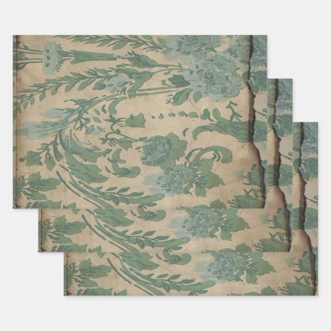 Vintage Green Plants on Brown Wrapping Paper Sheets (Set)