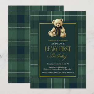 Vintage Green Polo Paid & Teddy Bear 1st Birthday Invitation