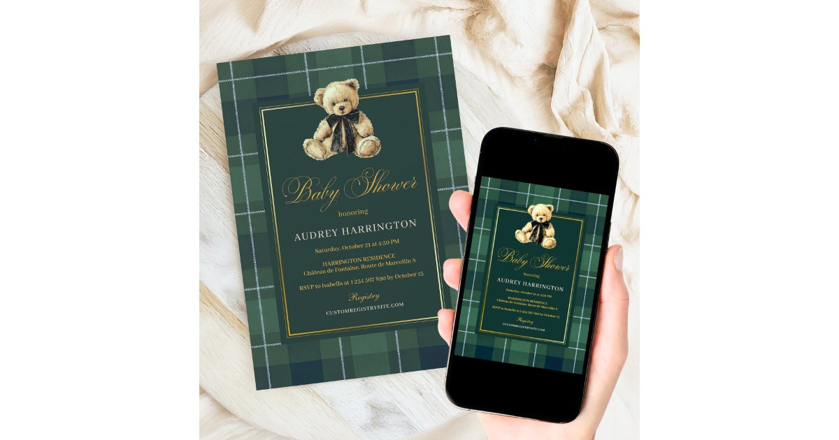 Vintage Green Polo Paid & Teddy Bear Baby Shower Invitation | Zazzle
