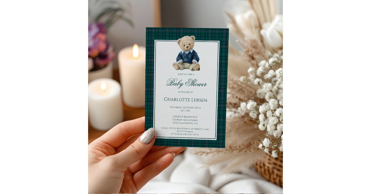 Vintage Green Polo Teddy Bear Boy Baby Shower Invitation | Zazzle
