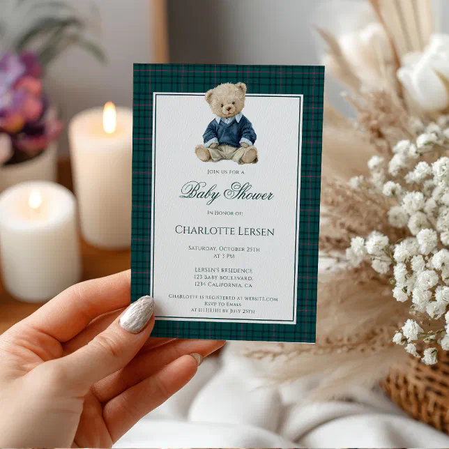 Vintage Green Polo Teddy Bear Boy Baby Shower Invitation | Zazzle
