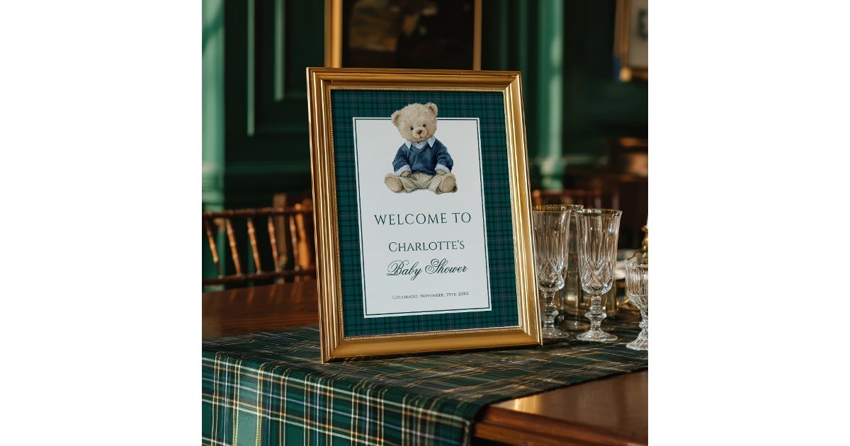 Vintage Green Polo Teddy Bear Boy Baby Shower Poster | Zazzle