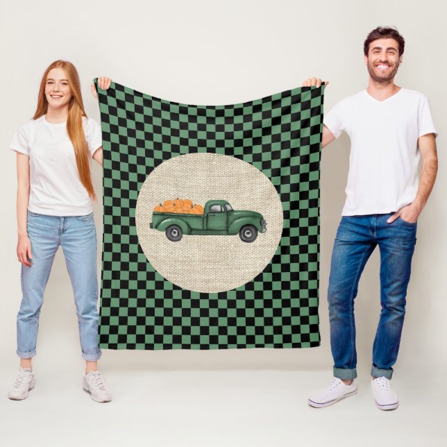 Vintage Green Pumpkin Truck Medium Fleece Blanket (In Situ)
