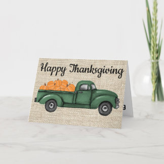 Vintage Green Pumpkin Truck Thanksgiving Card