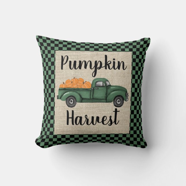 Vintage Green Pumpkin Truck Throw Pillow (Front)