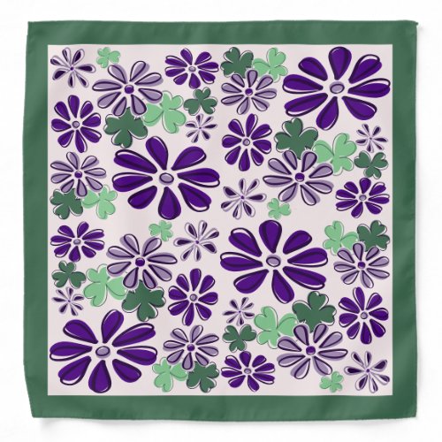 Vintage Green Purple Flower Doodle Pattern Bandana