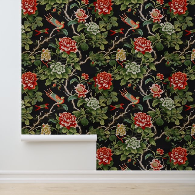Vintage green red chinoiserie wallpaper  (Application)