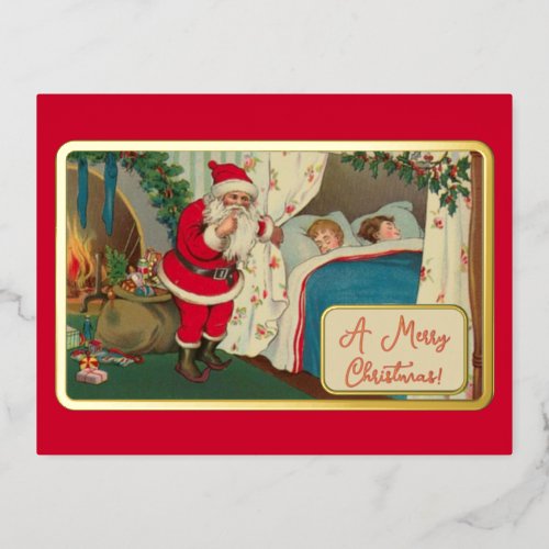 Vintage Green Red Christmas Eve Santa Gifts Boys Foil Holiday Postcard