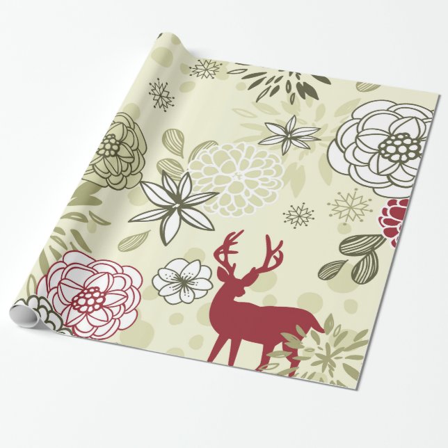 Vintage Green/Red Deer Pattern Wrapping Paper (Unrolled)