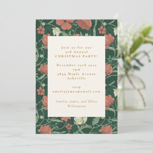 Vintage Green Red Floral Christmas Holiday Party Invitation