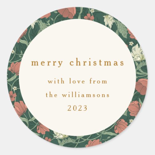 Vintage Green Red Floral Custom Merry Christmas Classic Round Sticker