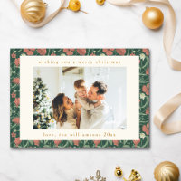 Vintage Green Red Floral Muted Two Photo Christmas