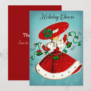 Vintage Green Red Glitter Bells Girl Thank You Card