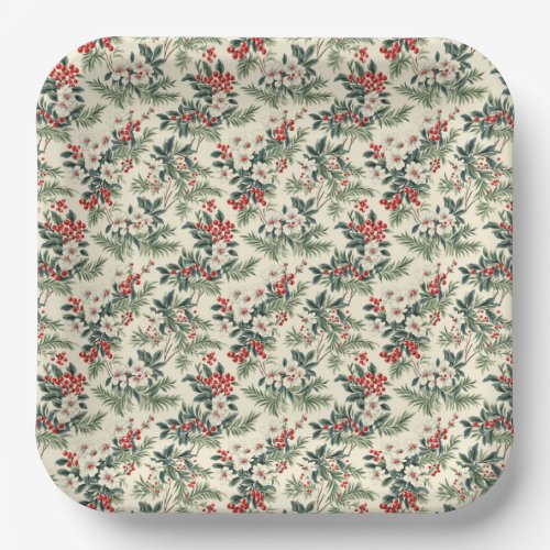 Vintage Green  Red Winterberry Christmas  Paper Plates
