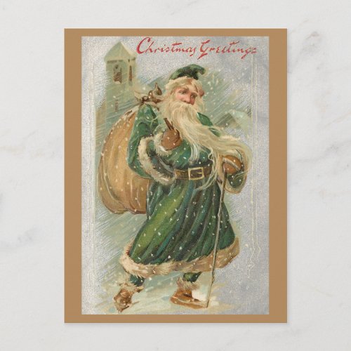 Vintage Green_Robed Father Christmas in Snow Postcard