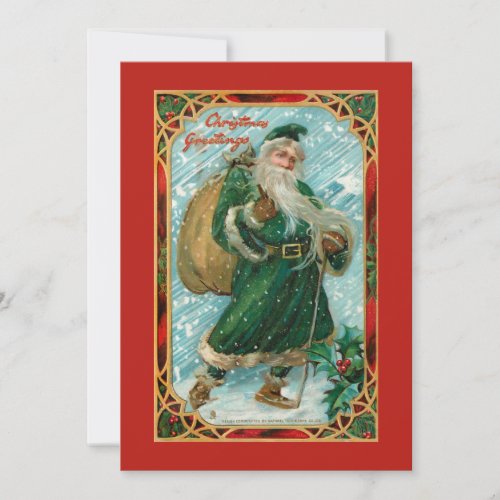 Vintage Green_Robed Santa in Snow Holiday Card