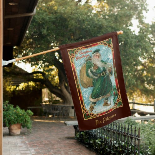 Vintage Green_Robed Santa in Snow House Flag