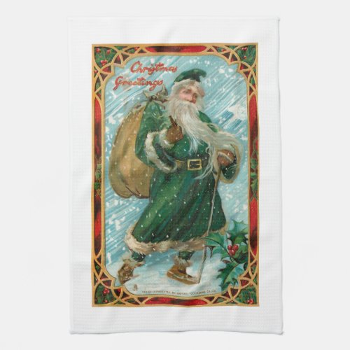 Vintage Green_Robed Santa in Snow Kitchen Towel