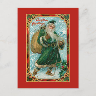 Vintage Green-Robed Santa in Snow Postcard