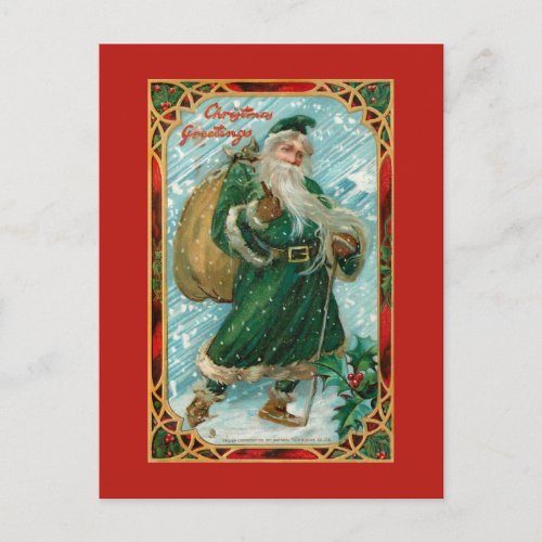 Vintage Green_Robed Santa in Snow Postcard