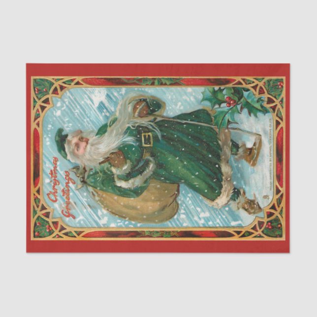 Vintage Green-Robed Santa in Snow Tissue Paper (Front)