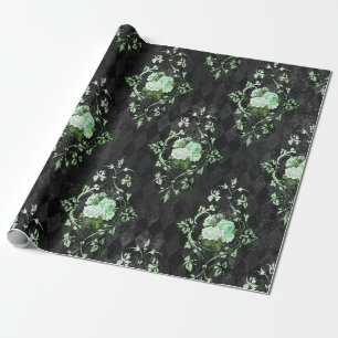 Vintage Green Roses and Black Harlequin Pattern Wrapping Paper