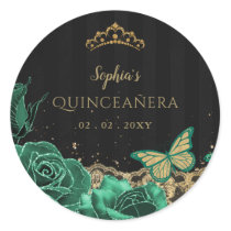Vintage Green Roses Black Gold Lace Quinceañera Classic Round Sticker