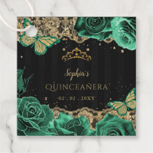 Vintage Green Roses Black Gold Lace Quinceañera Favor Tags
