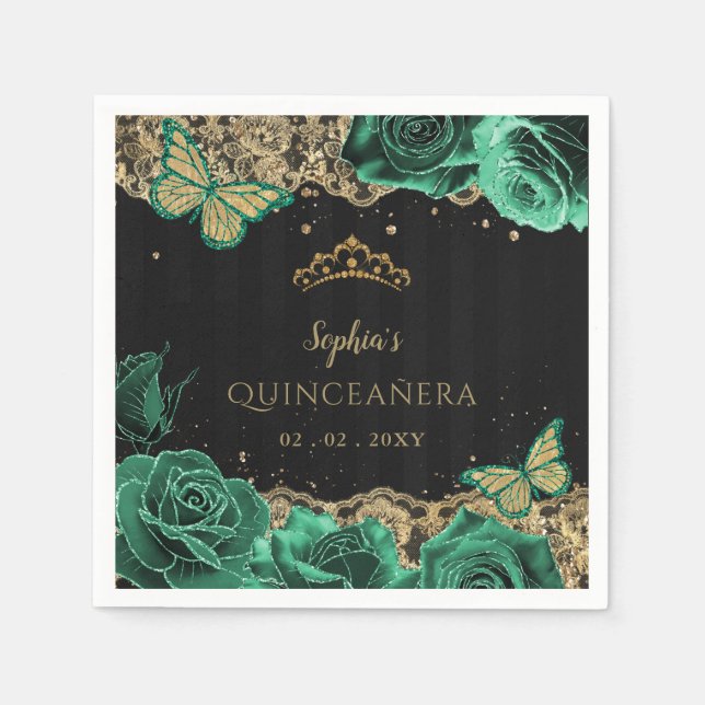 Vintage Green Roses Black Gold Lace Quinceañera Napkins (Front)