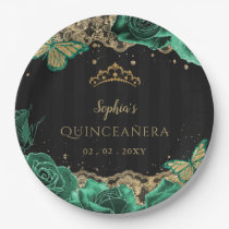 Vintage Green Roses Black Gold Lace Quinceañera Paper Plates