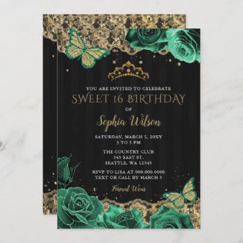 Vintage Green Roses Black Gold Lace Sweet 16  Invitation by Invitationboutique at Zazzle