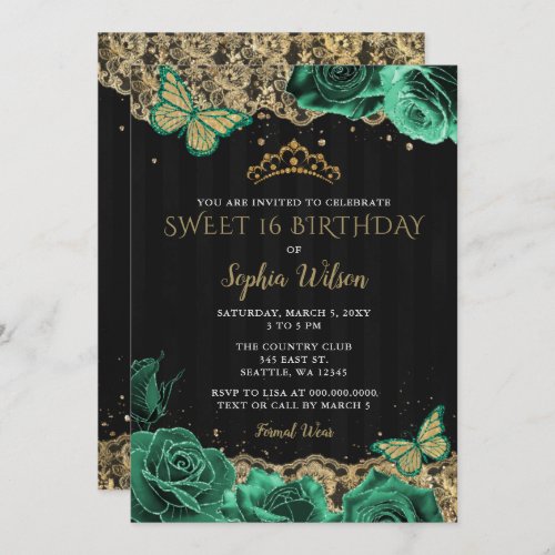 Vintage Green Roses Black Gold Lace Sweet 16  Invitation