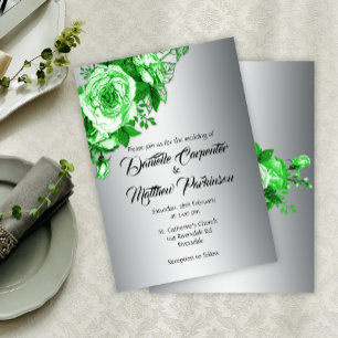 Vintage Green Roses Silver Wedding Invitation
