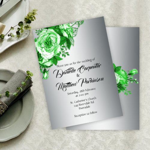 Vintage Green Roses Silver Wedding  Invitation