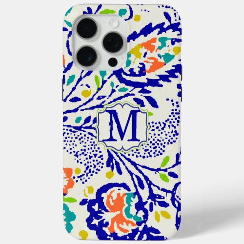 Vintage Green Royal Blue Damask Monogram iPhone 15 Pro Max Case