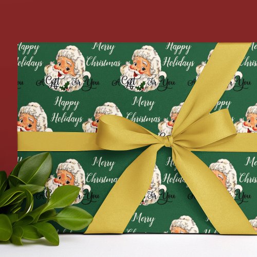 Vintage Green Santa Claus Face Retro Christmas Wrapping Paper