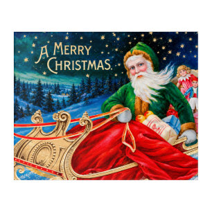Vintage Green Santa Sleigh Starry Night Christmas Acrylic Print
