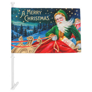 Vintage Green Santa Sleigh Starry Night Christmas Car Flag