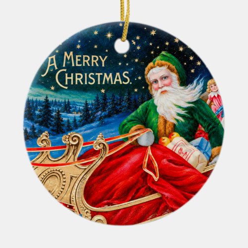 Vintage Green Santa Sleigh Starry Night Christmas Ceramic Ornament