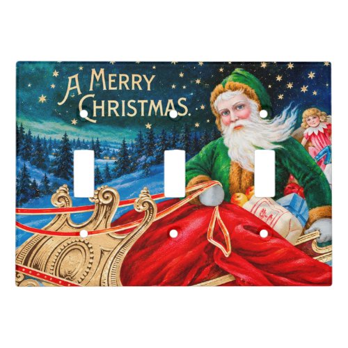 Vintage Green Santa Sleigh Starry Night Christmas Light Switch Cover