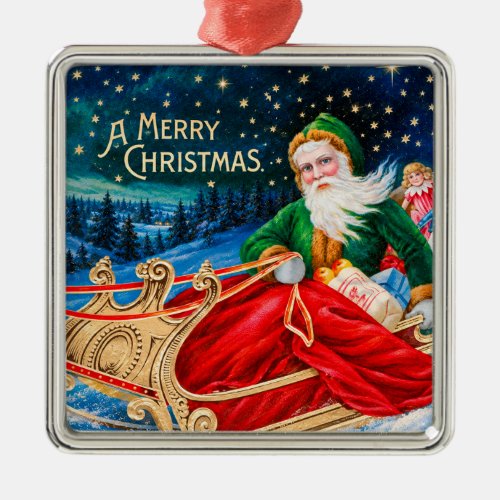 Vintage Green Santa Sleigh Starry Night Christmas Metal Ornament