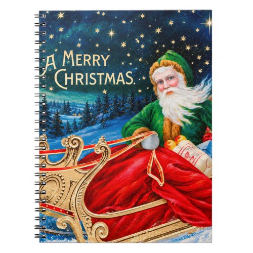 Vintage Green Santa Sleigh Starry Night Christmas Notebook
