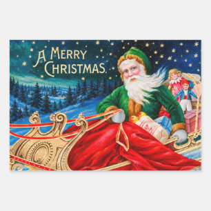 Vintage Green Santa Sleigh Starry Night Christmas Wrapping Paper Sheets